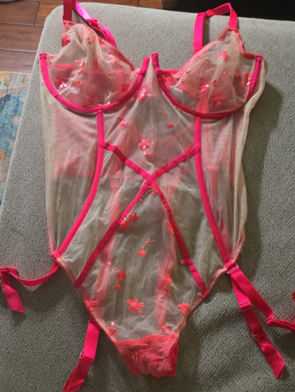 Savage X Fenty Sheer Neon Pink Floral Embroidered Bodysuit